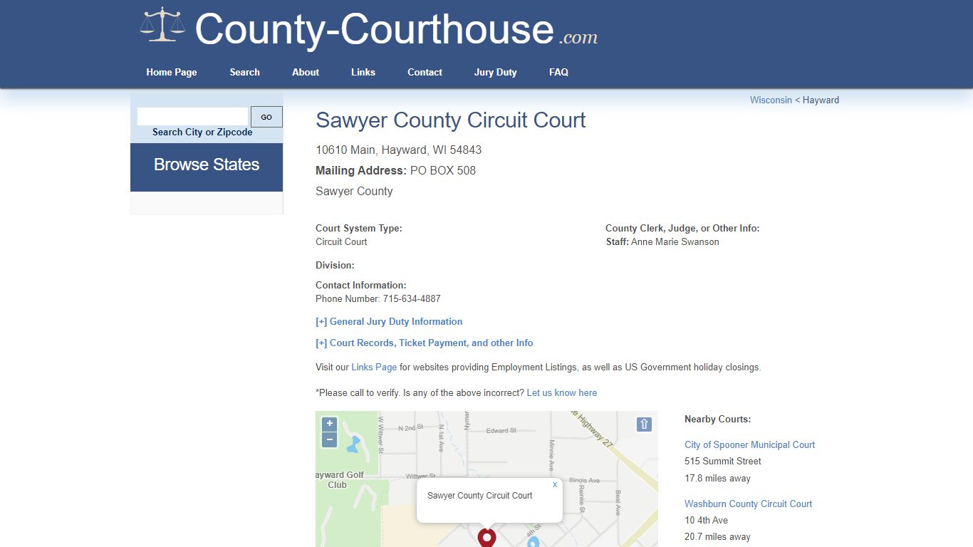 Sawyer County Circuit Court in Hayward, WI - Court Information